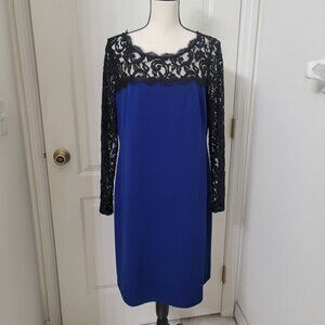 Adrianna Papell Size 14 Cobalt Blue Sheath Dress w/Black Lace Upper and Sleeves